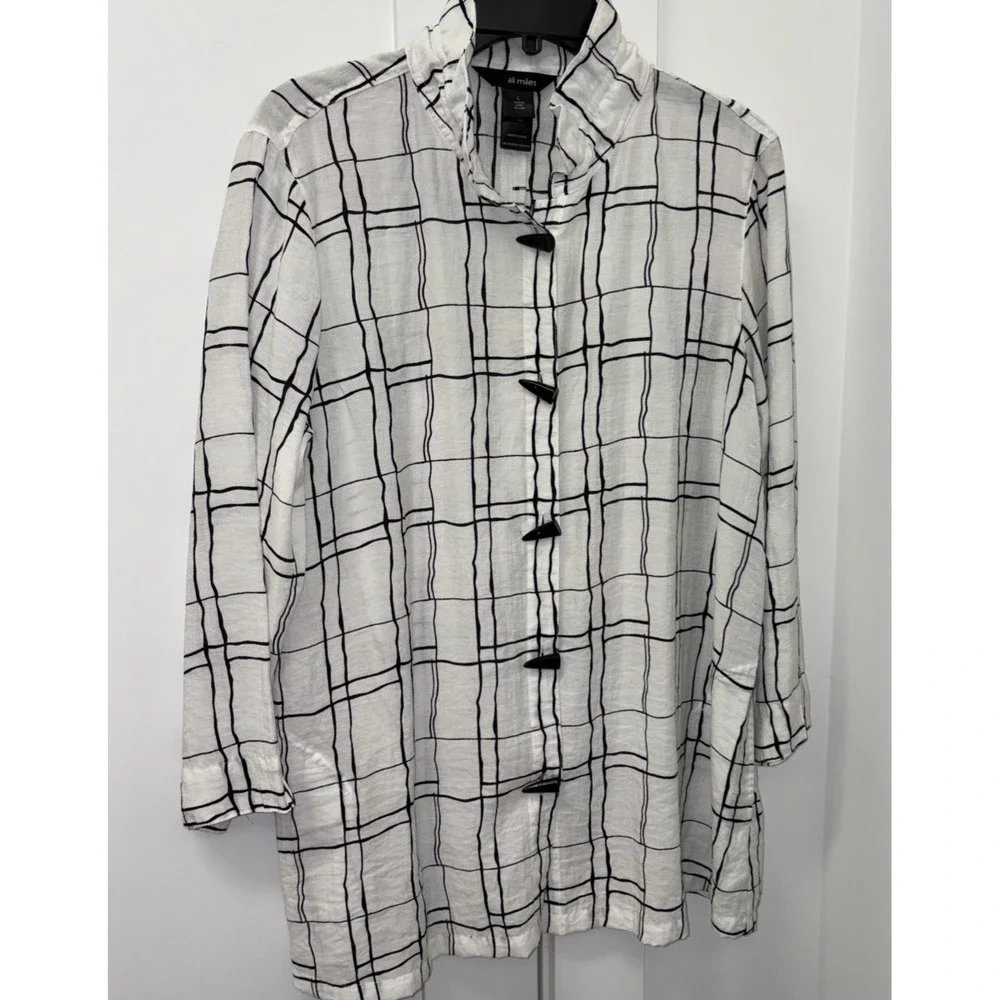 Ali Miles Women's Large Abstract White Black Plaid Button Up Artsy Lagenlook